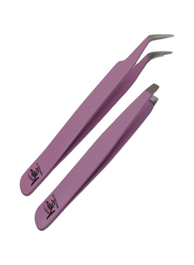 KC Republic Violet Curved and Wide Straight Professional Tweezer Set - 2 Tweezers Great For Eyebrow, Eyelash, Facial, Ear, Nose & Ingrown Hair Remover Treatment. Make Perfect Eyebrow Shapes - Image 1